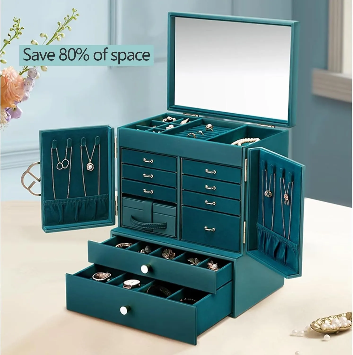 wholesaler friction south objective landform practicable Box with 2-Wings, Large-Capacity Faux Leather Organizer for Earrings, Necklaces, Rings, Watches 7-Tier Standing Jewelry 