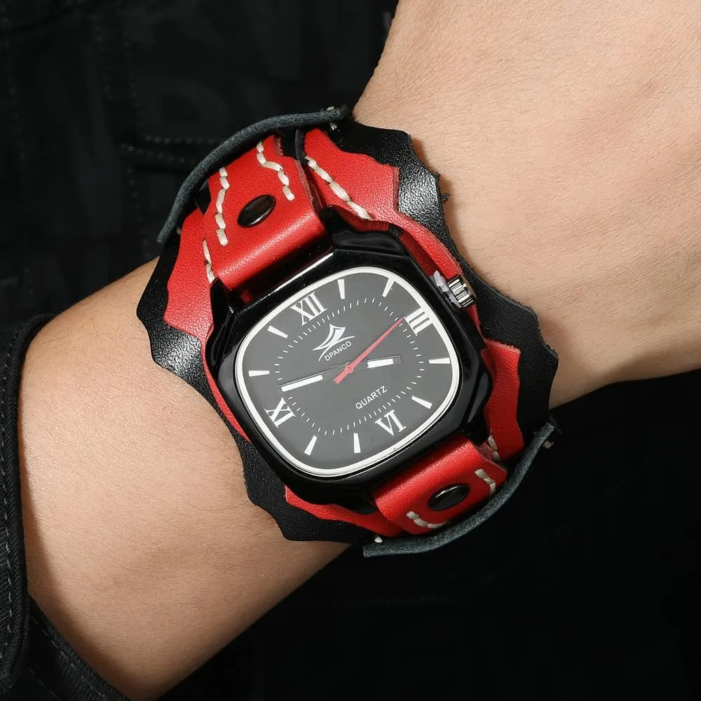 Wide Genuine neoclassical hit indoor Soft Leather Cool Cuff Wristwatch Personalized Watch Square Black Dial MINILUJIA Handmade Men Watches with Wax Rope Sewn Vintage Punk Hip-Hop Gothic 