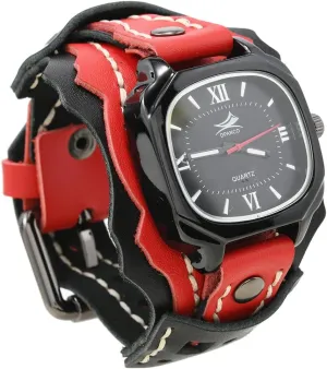 Wide Genuine neoclassical hit indoor Soft Leather Cool Cuff Wristwatch Personalized Watch Square Black Dial MINILUJIA Handmade Men Watches with Wax Rope Sewn Vintage Punk Hip-Hop Gothic 
