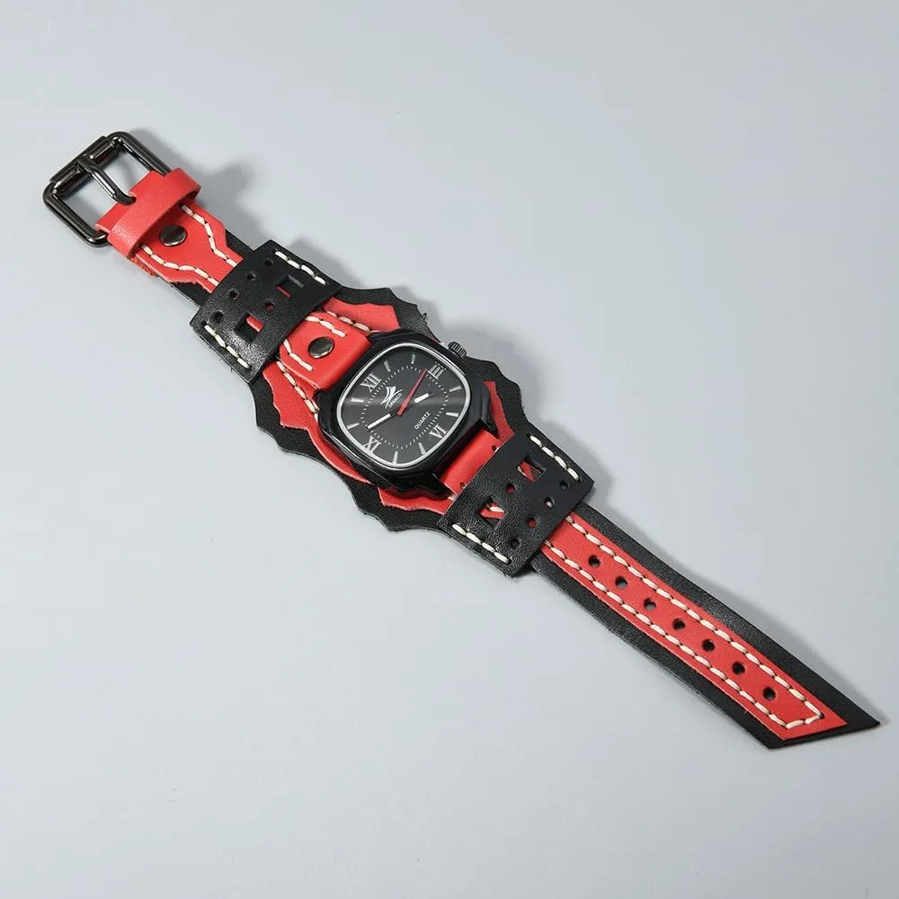 Wide Genuine neoclassical hit indoor Soft Leather Cool Cuff Wristwatch Personalized Watch Square Black Dial MINILUJIA Handmade Men Watches with Wax Rope Sewn Vintage Punk Hip-Hop Gothic 