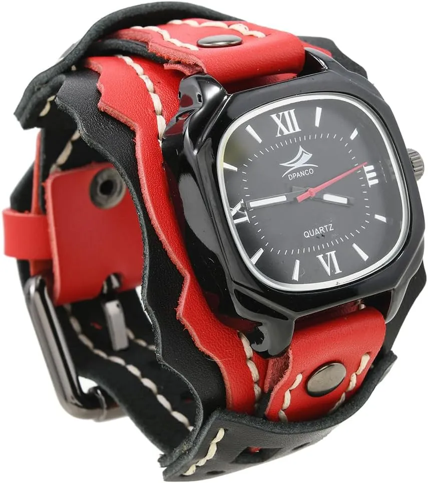 Wide Genuine neoclassical hit indoor Soft Leather Cool Cuff Wristwatch Personalized Watch Square Black Dial MINILUJIA Handmade Men Watches with Wax Rope Sewn Vintage Punk Hip-Hop Gothic 