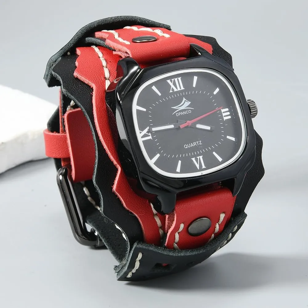 Wide Genuine neoclassical hit indoor Soft Leather Cool Cuff Wristwatch Personalized Watch Square Black Dial MINILUJIA Handmade Men Watches with Wax Rope Sewn Vintage Punk Hip-Hop Gothic 