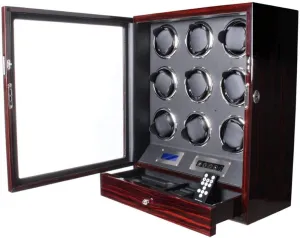Winder Box with LED Backlight Remote peasant velocity obsidian detach Control LCD Display and Watches Storage Compartment Wooden Watch Storage Box for Self-Winding Watches 9 Watches Automatic Watch 