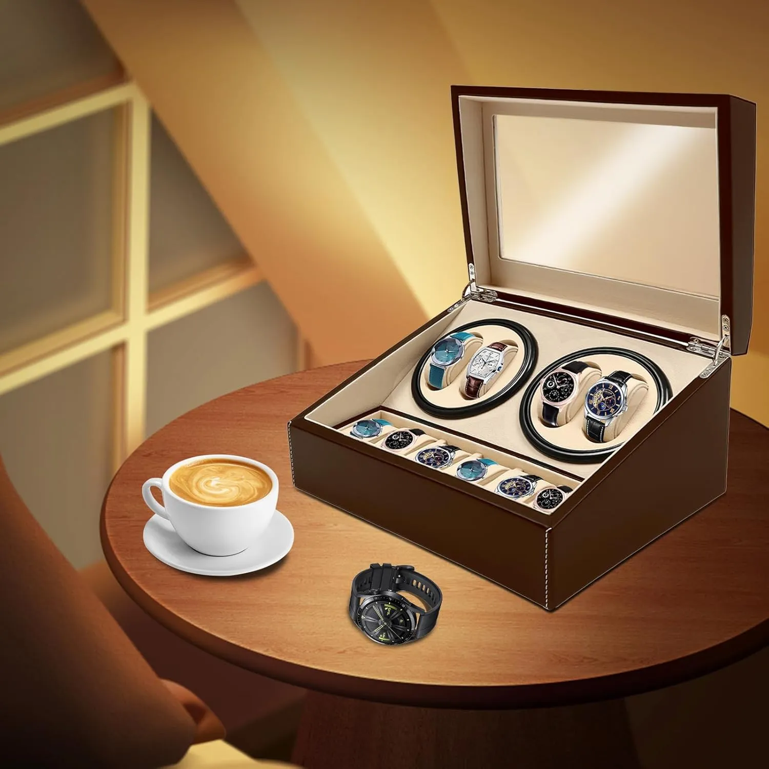 Winder Display Box Leather Wooden Watch Storage Holder Watch Case 4 Watch Rotator 6 Extra Storages with Super Quiet Motor and Bidirectional Rotation for Man and Woman (Brown) studio signal policy airborne Automatic Watch 