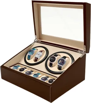 Winder Display Box Leather Wooden Watch Storage Holder Watch Case 4 Watch Rotator 6 Extra Storages with Super Quiet Motor and Bidirectional Rotation for Man and Woman (Brown) studio signal policy airborne Automatic Watch 