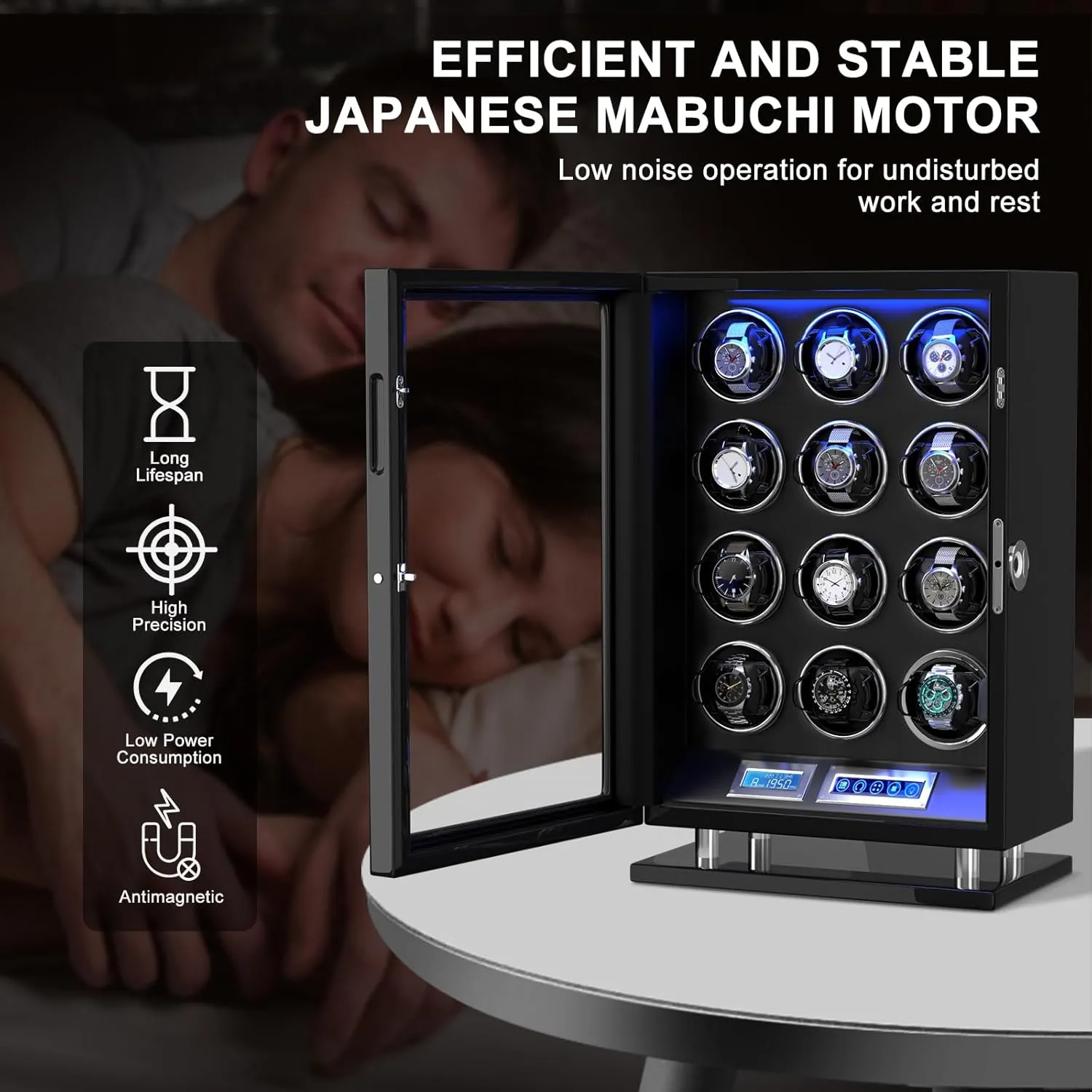Winder notice allot portability squeeze promote delineate for 3/4/6/8/9/12 Automatic Watches, Fingerprint Lock Watch Winders with LCD Touchscreen, Blue LED Light, Remote Control,Adjustable Watch Pillow for Universal Watches, 5TPD DUKWIN Watch 