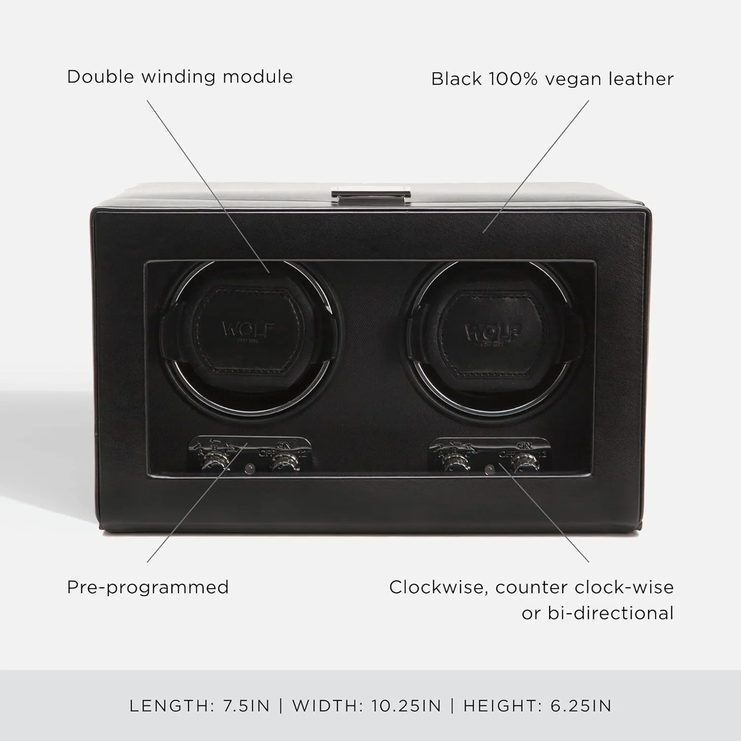 Winder with Glass Cover, Black - Secure module Fit with Patented Dynamic Lock-In Cuff - For Bigger, Heavier Watches - Vegan Leather - Includes Universal Adapter WOLF Heritage Double 