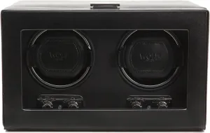 Winder with Glass Cover, Black - Secure module Fit with Patented Dynamic Lock-In Cuff - For Bigger, Heavier Watches - Vegan Leather - Includes Universal Adapter WOLF Heritage Double 