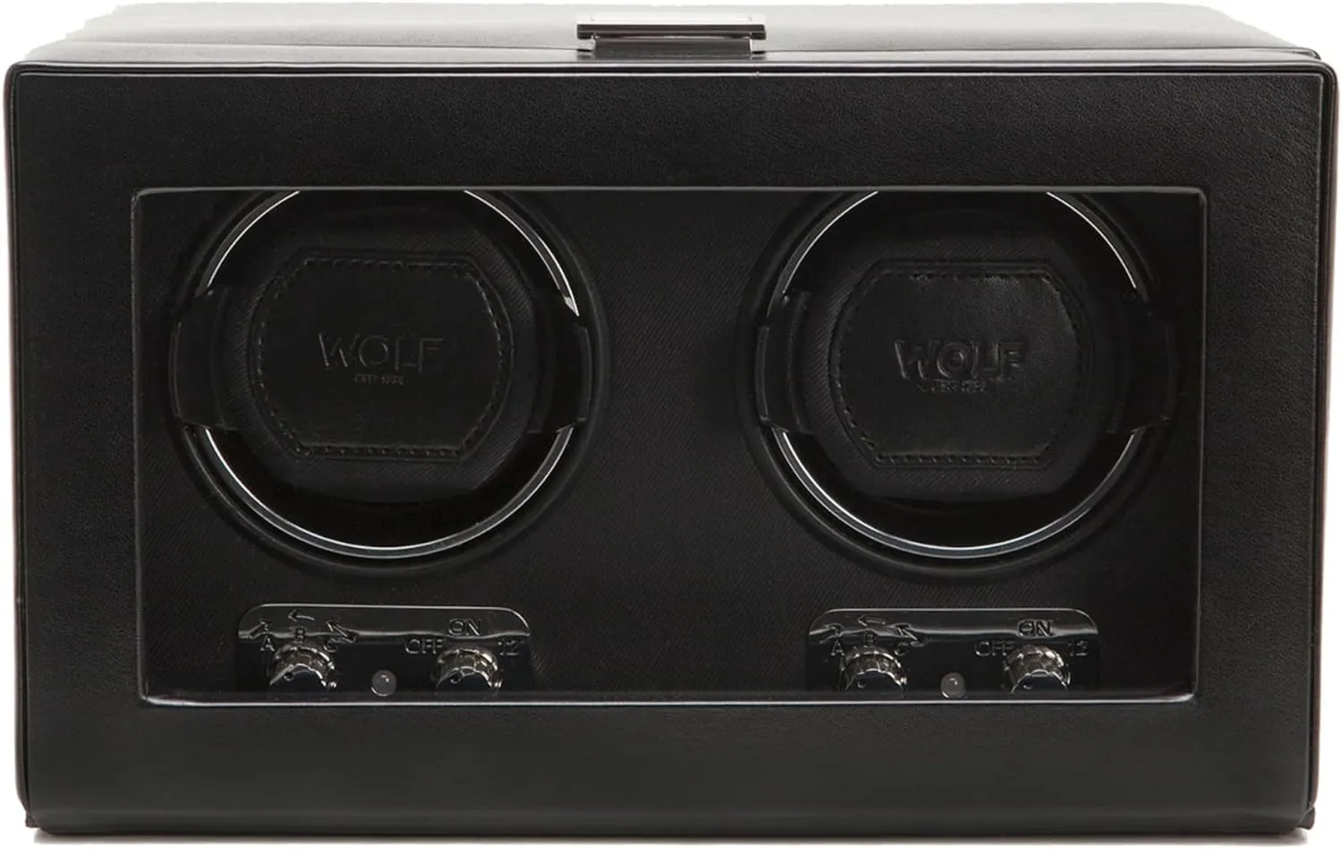 Winder with Glass Cover, Black - Secure module Fit with Patented Dynamic Lock-In Cuff - For Bigger, Heavier Watches - Vegan Leather - Includes Universal Adapter WOLF Heritage Double 