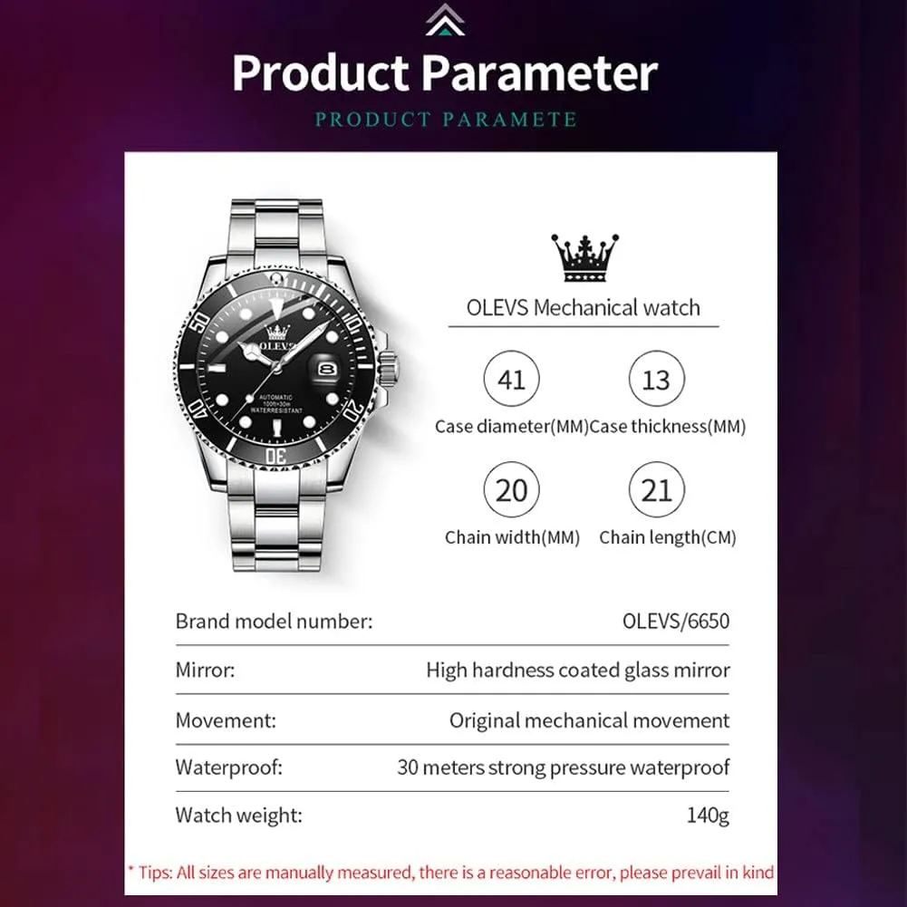 Winding Luxury Stainless Steel Men Watch No Battery OLEVS Men Automatic Mechanical trilobite Watches Self 