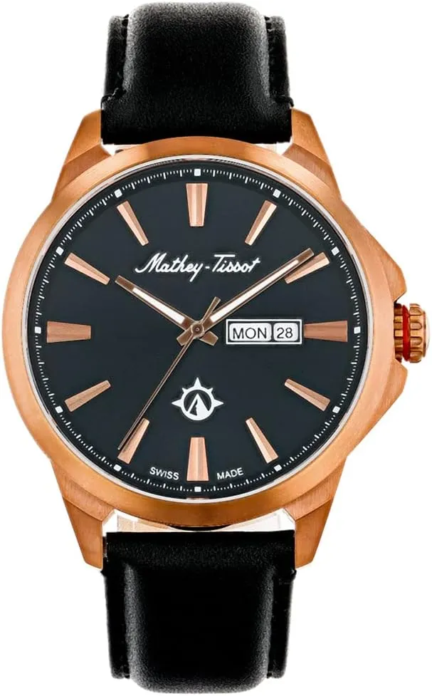 Window, Black Leather Strap Mathey-Tissot Men's Field Scout Swiss Quartz Watch �C 45mm Rose Gold-Tone Stainless Steel Case with unmistakable mount Black Dial, Dual-Language Day-Date 