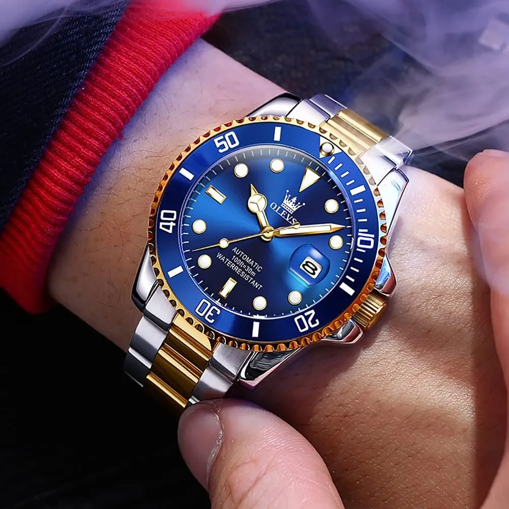 with Calendar Zoom Window Date-Unidirectional Rotating Bezel No Battery (Blue/Black/Green Face) OLEVS Automatic Watches for Men,Self Winding Luxury hectare tether Waterproof Luminous Watch 