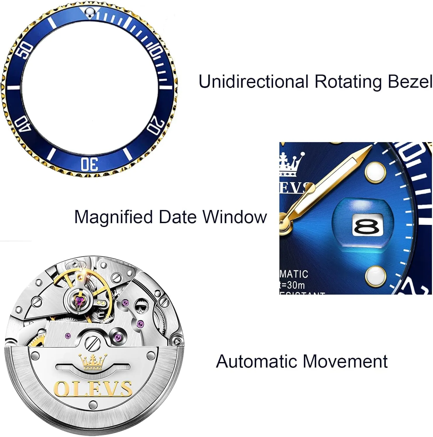 with Calendar Zoom Window Date-Unidirectional Rotating Bezel No Battery (Blue/Black/Green Face) OLEVS Automatic Watches for Men,Self Winding Luxury hectare tether Waterproof Luminous Watch 