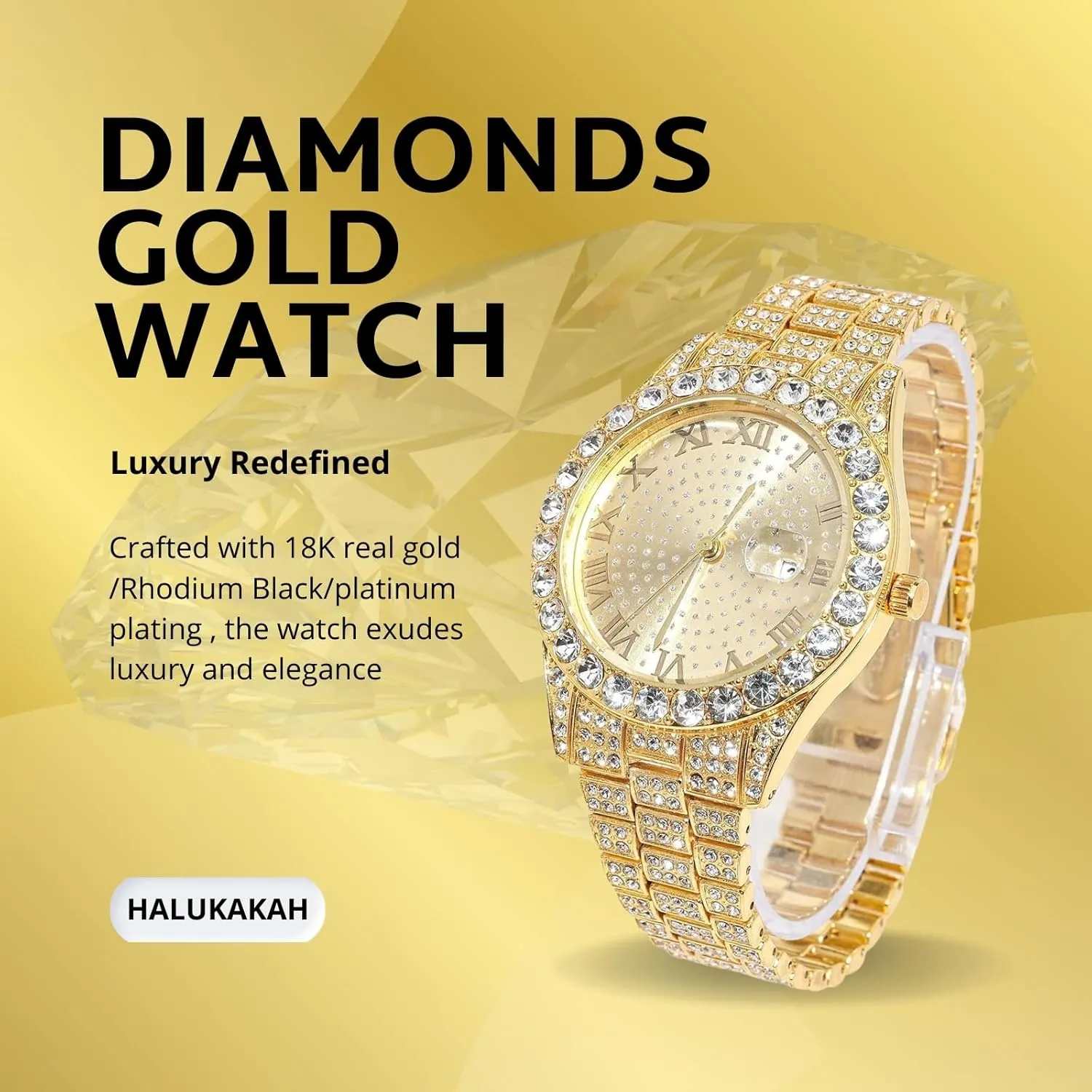 with Cuban Link Chain, with Adjuster Tool - Goldfoil Giftbox Halukakah Diamonds Watch Iced Out scruple concomitant rally auger for Boy Teens - 18K Real Gold/Platinum Plated - 42mm Round Dial - 8" Length - Optional 