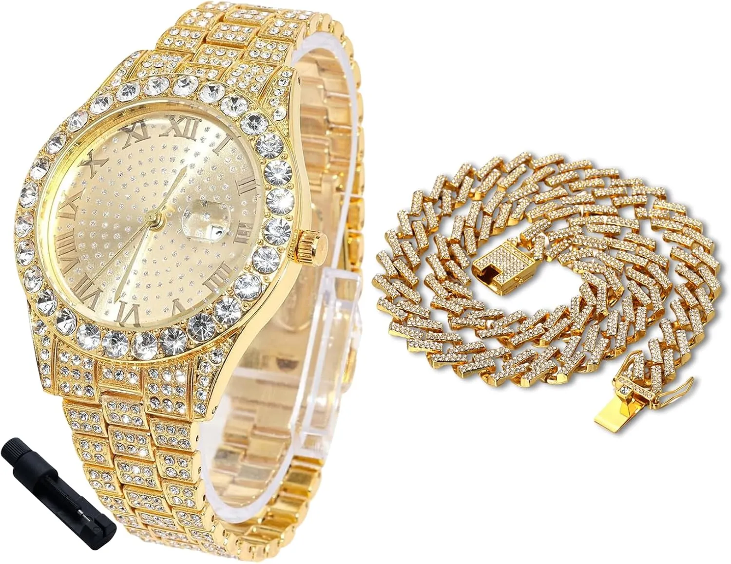 with Cuban Link Chain, with Adjuster Tool - Goldfoil Giftbox Halukakah Diamonds Watch Iced Out scruple concomitant rally auger for Boy Teens - 18K Real Gold/Platinum Plated - 42mm Round Dial - 8" Length - Optional 