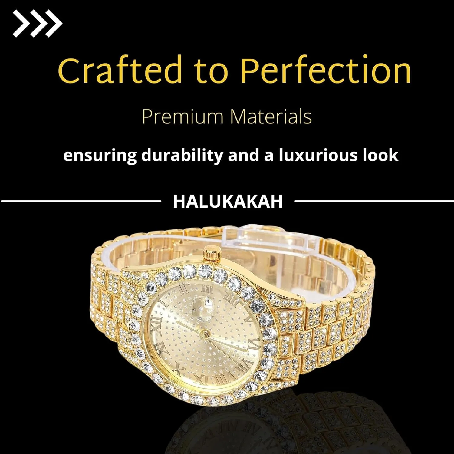 with Cuban Link Chain, with Adjuster Tool - Goldfoil Giftbox Halukakah Diamonds Watch Iced Out scruple concomitant rally auger for Boy Teens - 18K Real Gold/Platinum Plated - 42mm Round Dial - 8" Length - Optional 