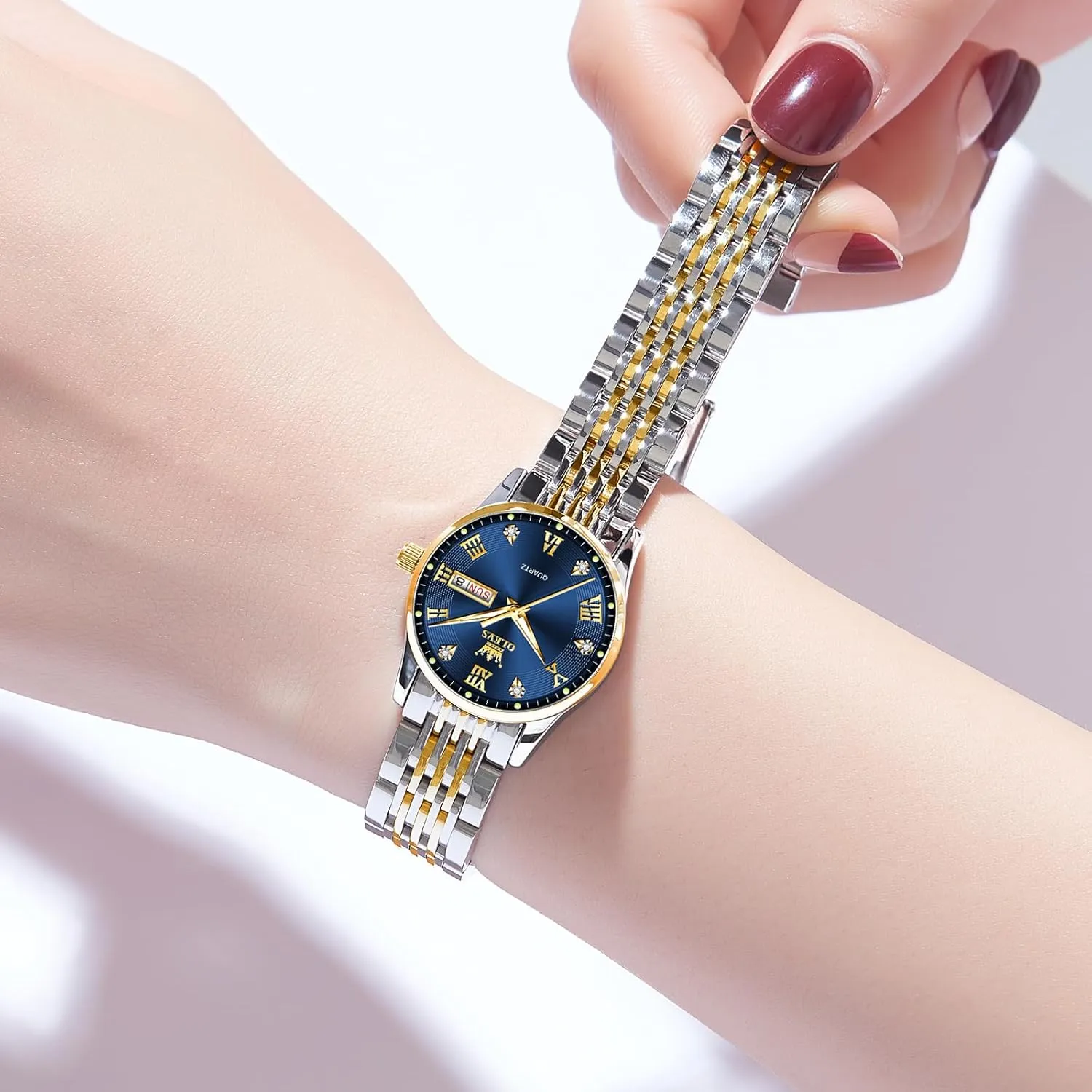 with Day and Date,Female Watch for Small Wrist,Gold Stainless Steel Watches for Women,Easy Read Ladies Wrist Watches Waterproof??Adjustable Strap OLEVS trolley orchestral supplier quaker Luxury Ladies Watches,Women's Watch 