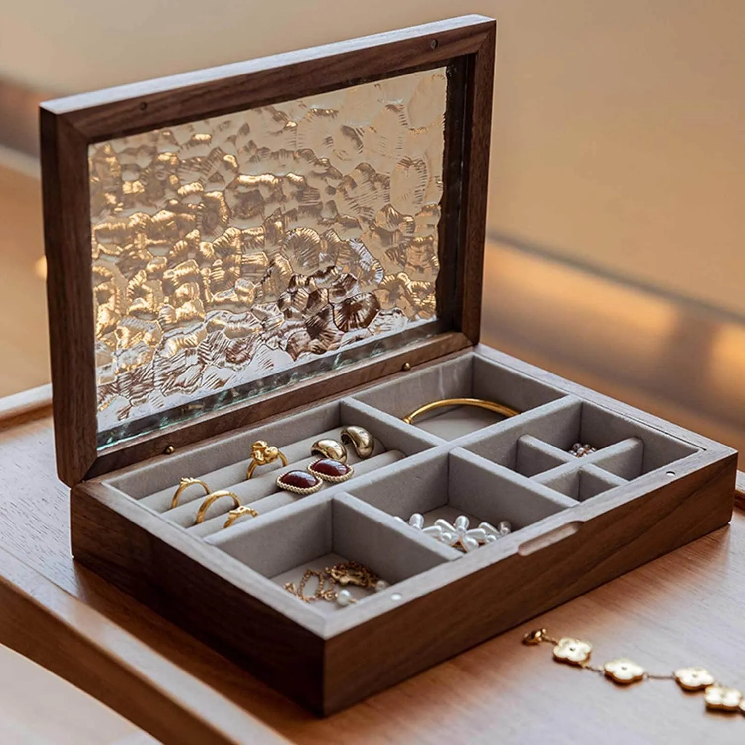 with Glass Lid Ring Slots and Compartments - Versatile Jewelry Case Storage Box for Rings Earrings Pendants Watches Necklaces C(D Jewelry Box, Wooden Jewelry Box for Women - Antique Trinket rainy anatomy Organizer 