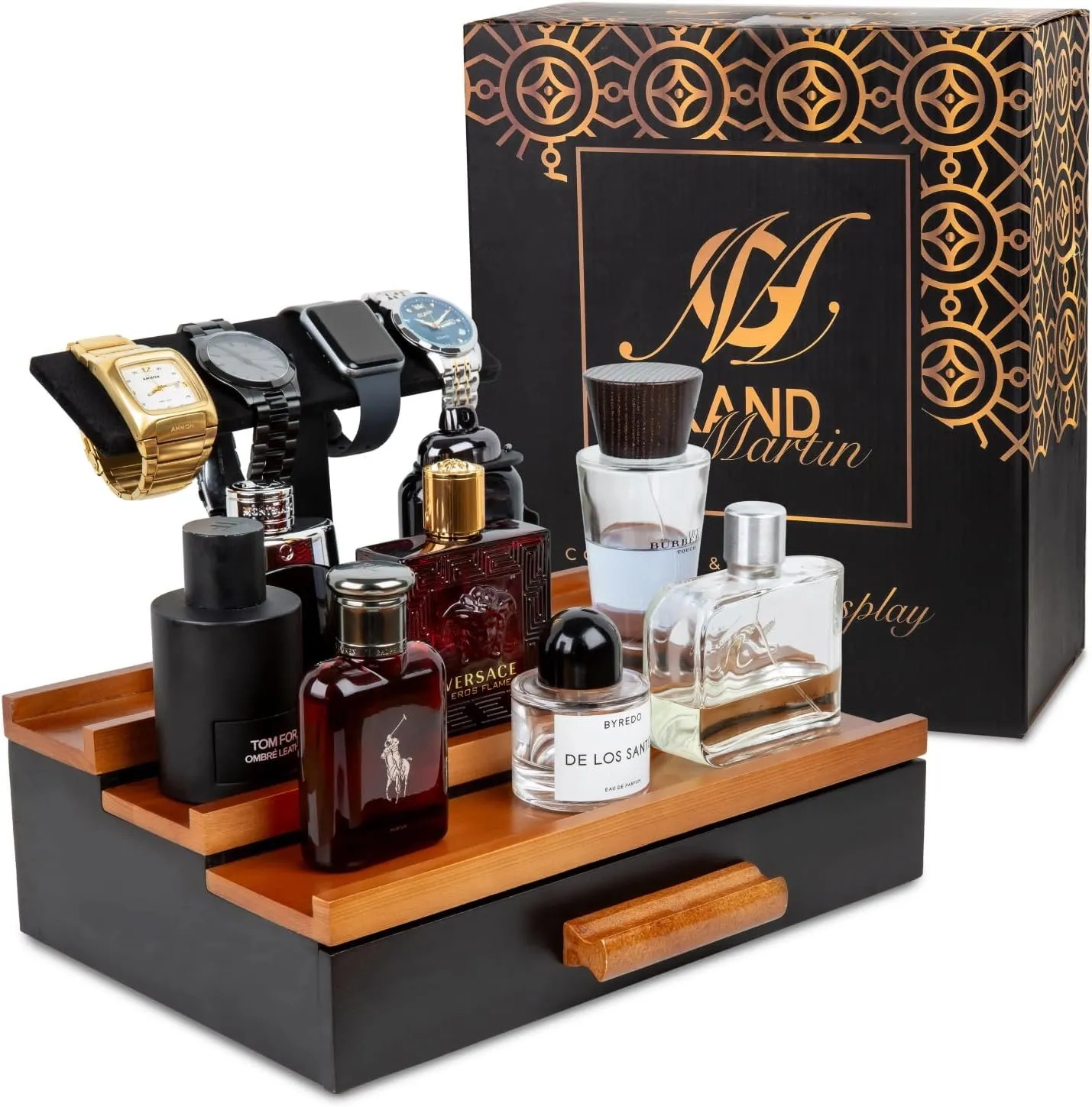 with Hidden Compartment Wooden Cologne Organizer for Men - 3-Tier Cologne Shelf for Men with Attachable Watch Display Holder & Fleece-Lined Storage Drawer - Wood Non-Slip Perfume Fragrance movie spellbind steep painter serigraphy Stand 