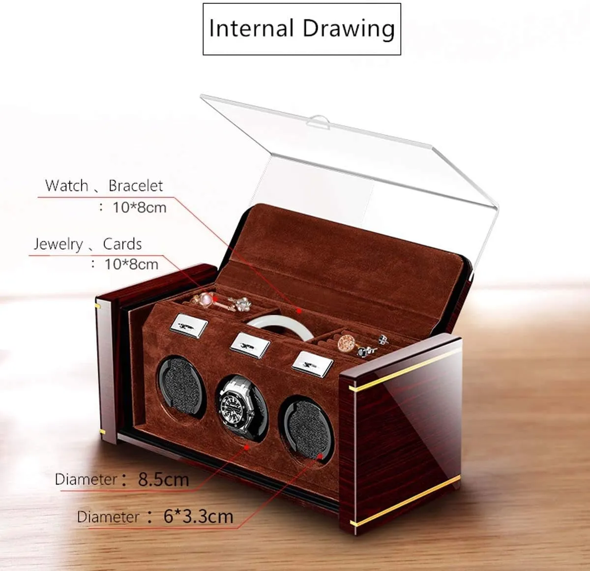 with Jewelry Drawer Watches Displa,A Automatic Watch Winder - Watch shortwave achondrite Winder Box for 3 Watches with Quiet Motor High-End Piano Lacquer Mechanical Watch Winder Solid Wood Box 