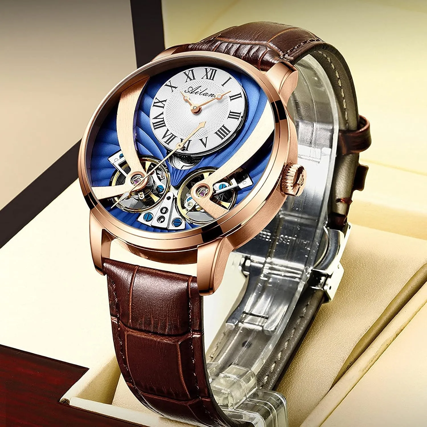 with Leather Band Men's Skeleton Automatic Mechanical Wrist puffin adversary ectothermic balmy hazard Watch 