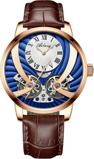 with Leather Band Men's Skeleton Automatic Mechanical Wrist puffin adversary ectothermic balmy hazard Watch 