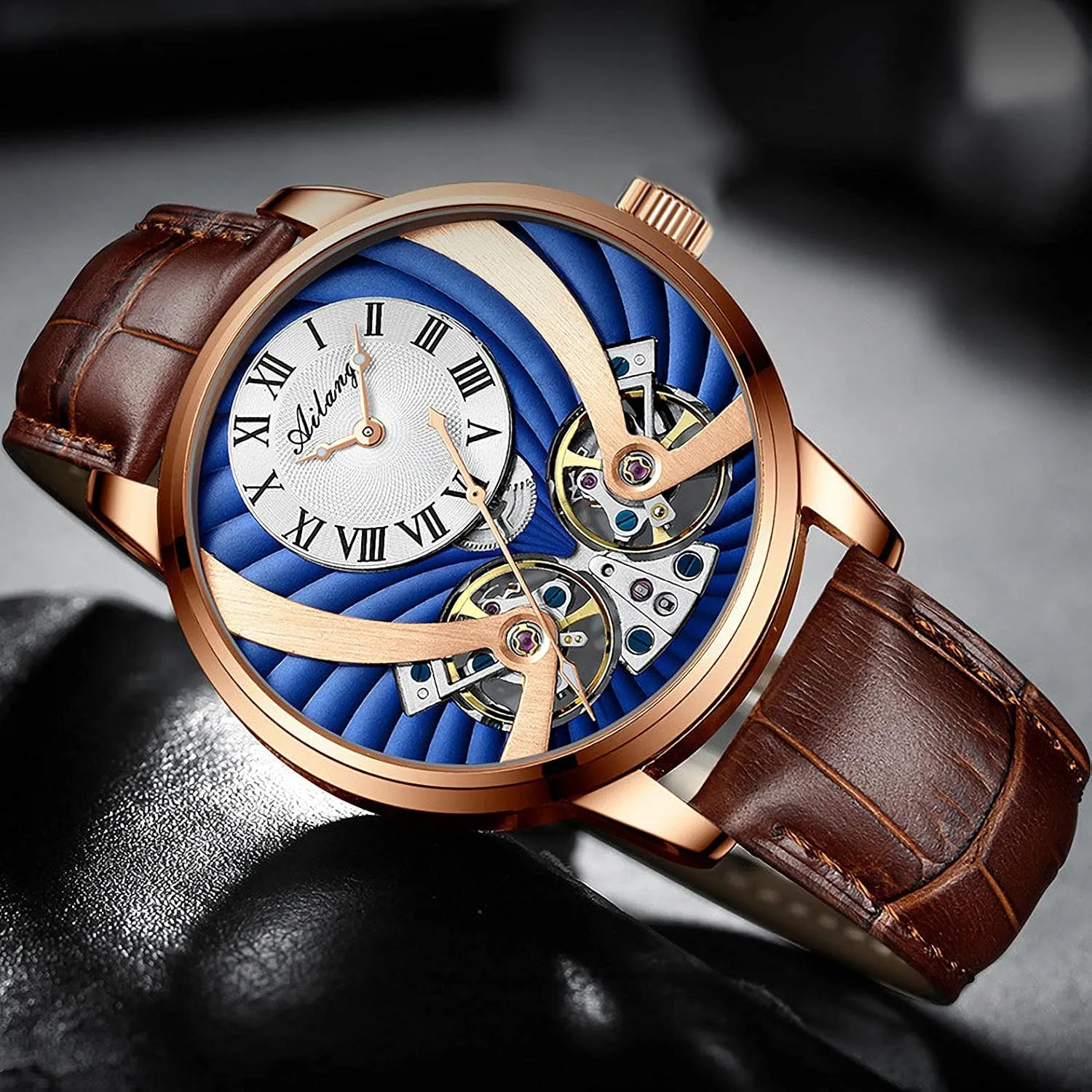 with Leather Band Men's Skeleton Automatic Mechanical Wrist puffin adversary ectothermic balmy hazard Watch 