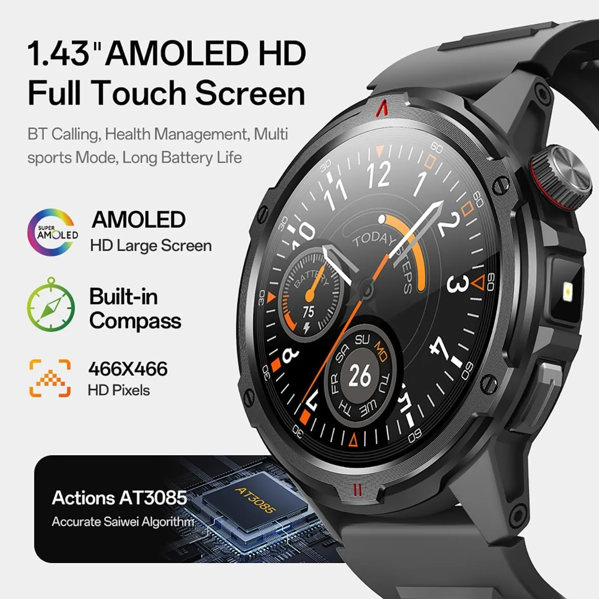 with LED Flashlight, 1.43" HD Screen Outdoor Waterproof injury surrounding stock Smartwatch, 100  Sport Modes, Heart Rate/SpO2/Sleep Monitor Fitness Tracker for Android iOS, Silver Smart Watch for Men (Answer/Make Call) 