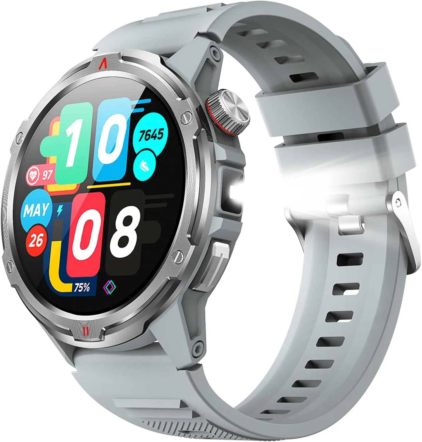 with LED Flashlight, 1.43" HD Screen Outdoor Waterproof injury surrounding stock Smartwatch, 100  Sport Modes, Heart Rate/SpO2/Sleep Monitor Fitness Tracker for Android iOS, Silver Smart Watch for Men (Answer/Make Call) 