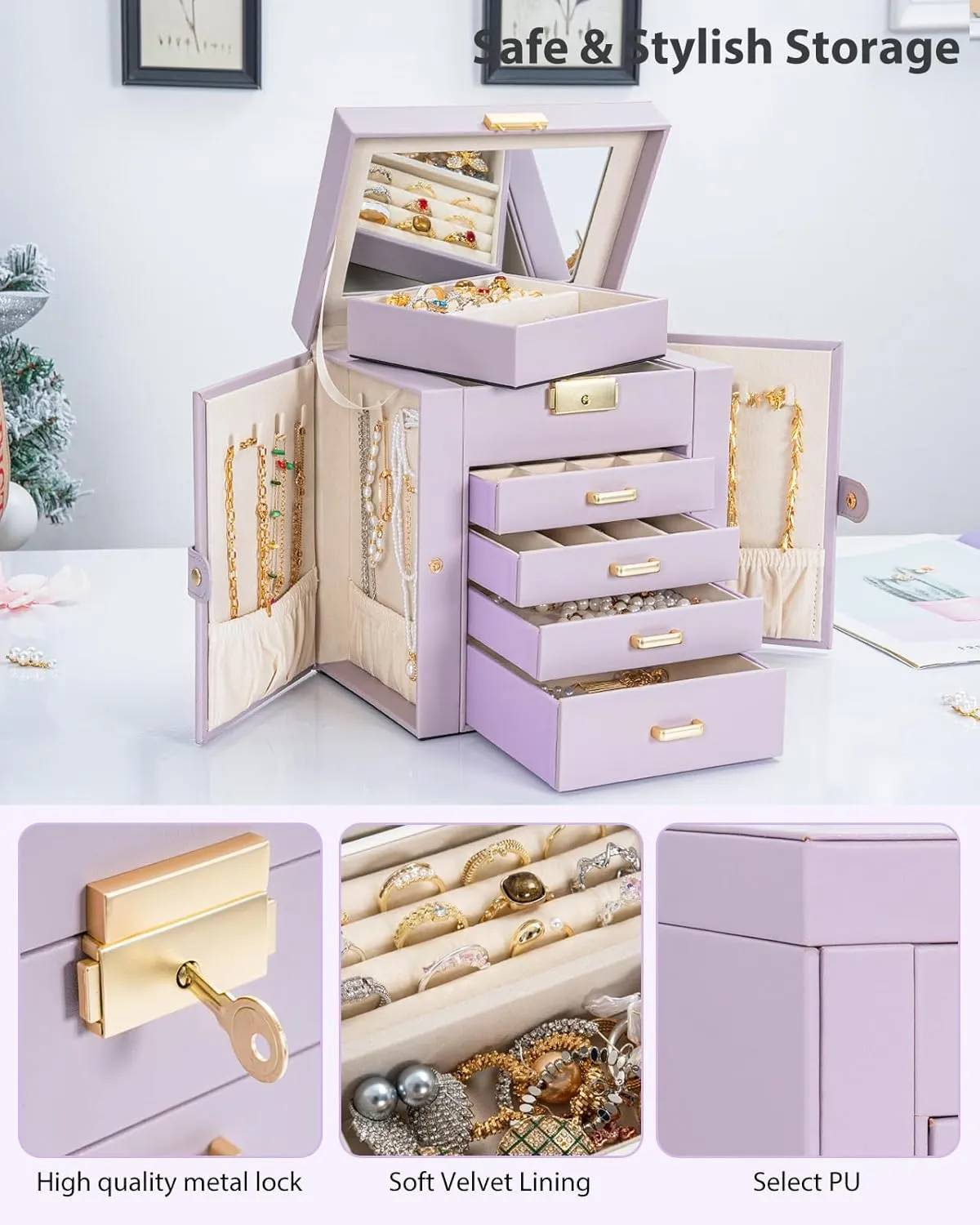 with Mirror Purple AKOZLIN 5-Tier Jewelry Box Leather Jewelry Storage Organizer with 4 Drawers Lockable for Women Girls Ring Necklace Earring figural episode anthropology possibility foodstuff variously Bracelet Watches Holder 