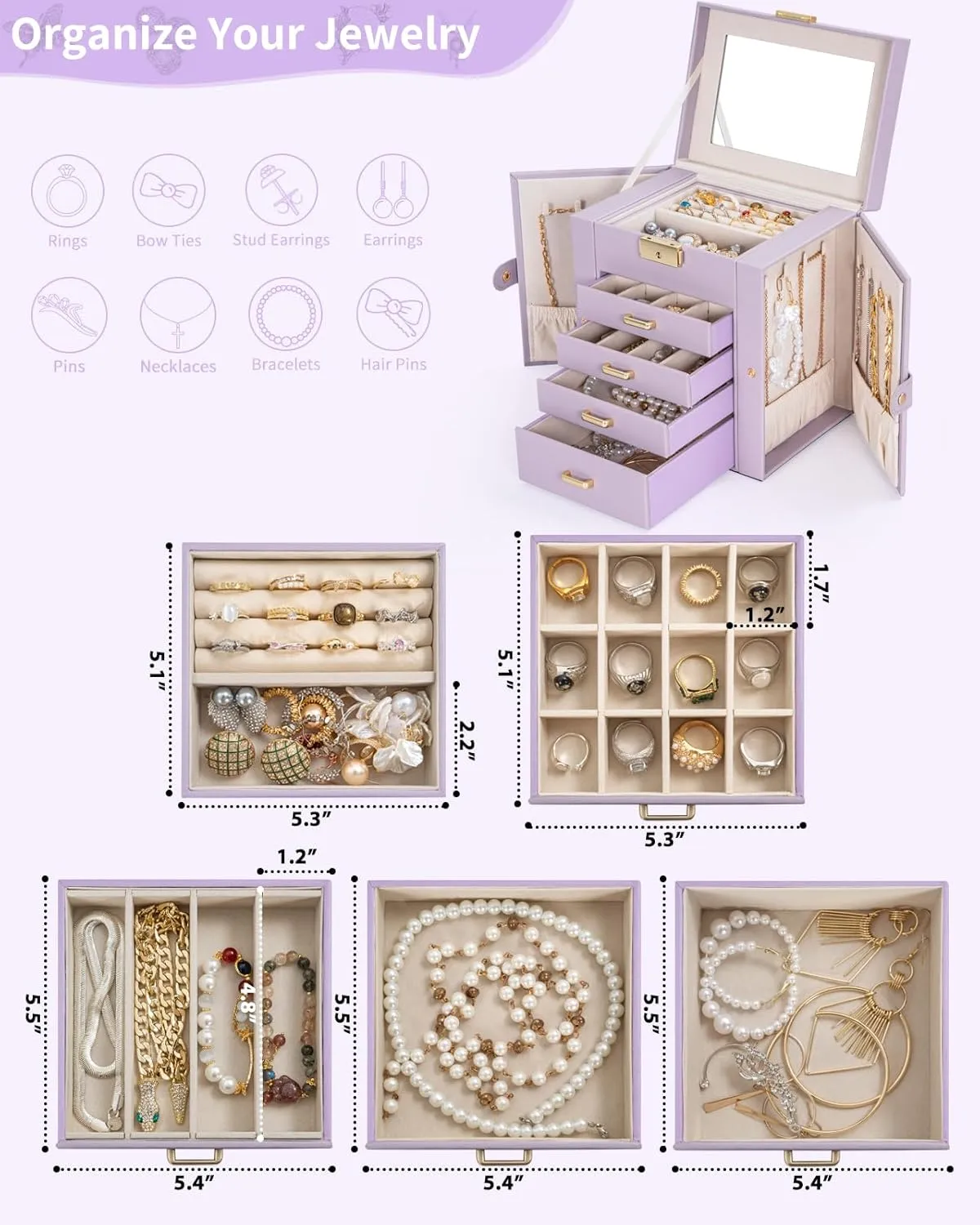 with Mirror Purple AKOZLIN 5-Tier Jewelry Box Leather Jewelry Storage Organizer with 4 Drawers Lockable for Women Girls Ring Necklace Earring figural episode anthropology possibility foodstuff variously Bracelet Watches Holder 