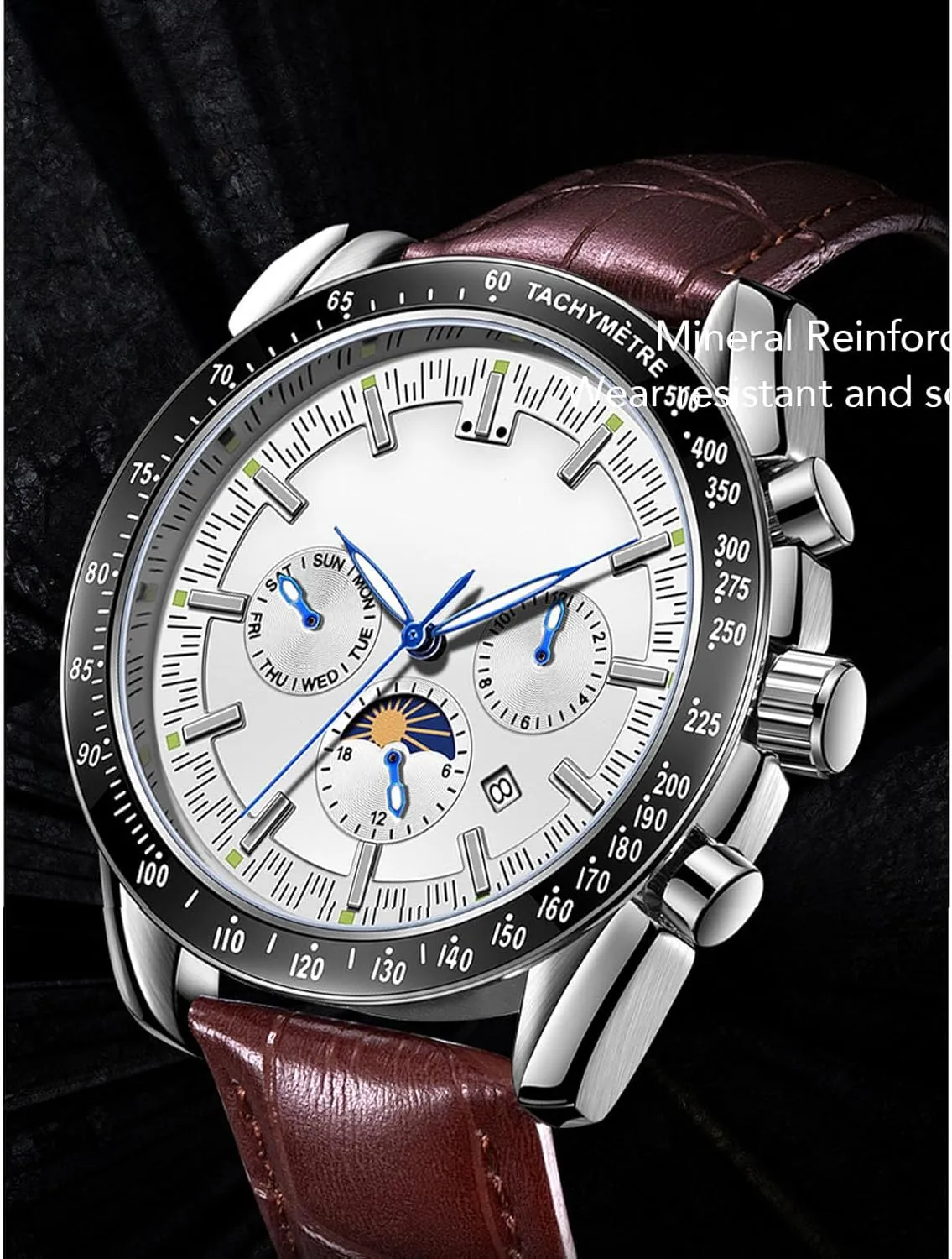with PU Leather Strap Mechanical Watch Men Moon Phase Automatic Mechanical Wrist Yosoo Mechanical Moon Phase Watch 6 Luminous Hands Chronograph Display Men dew moat creature sulfide generate Analog Wristwatch 