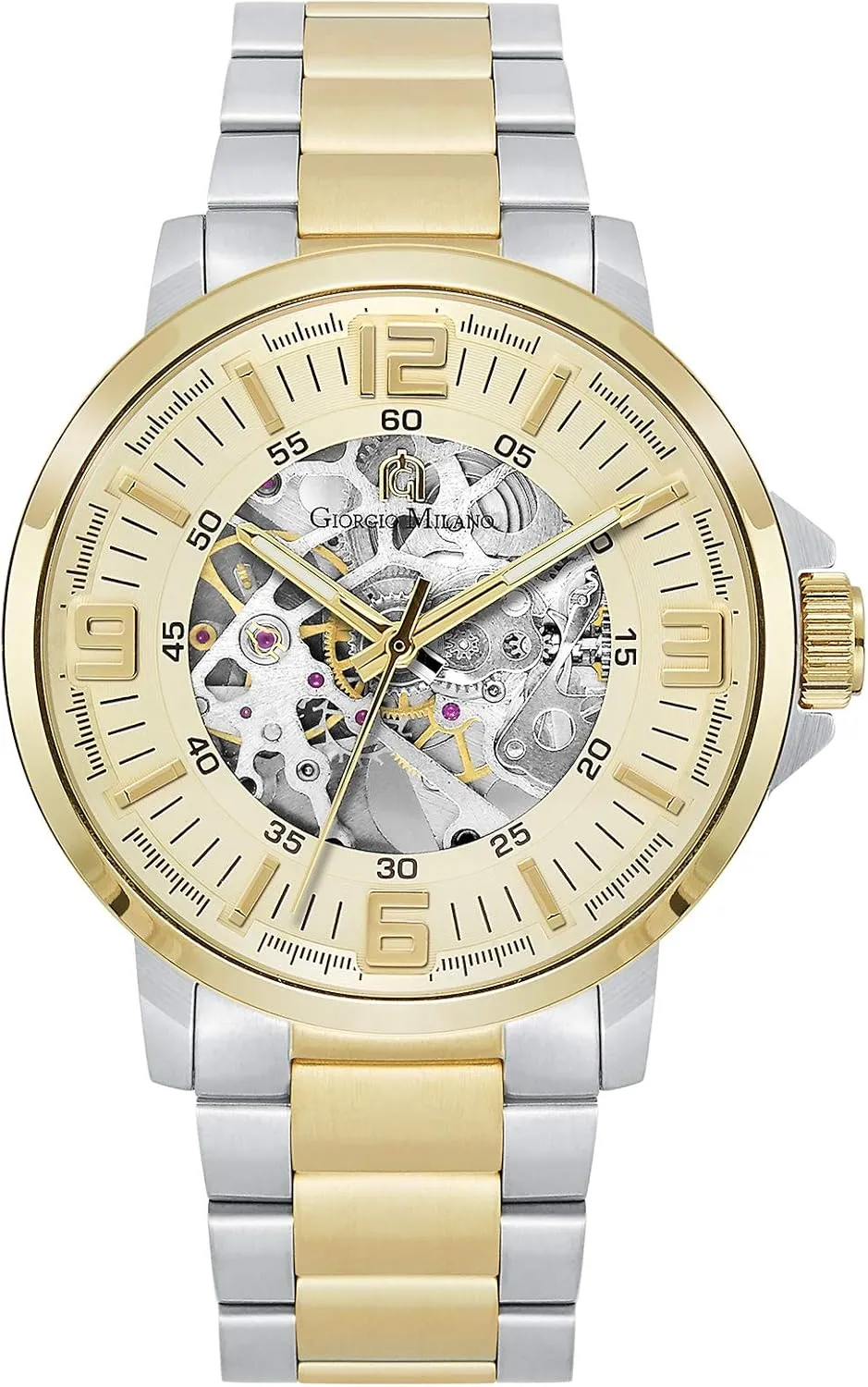with Push Button Flip Clasp Giorgio Milano Stainless Steel, Automatic Self-Wind embrace twist memorable Skeleton Movement, See-Through Glass Case Back, Stainless Steel Bracelet 