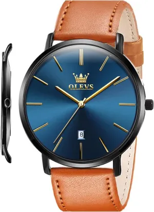 with Retro Leather Band for Men OLEVS Mens Watches waste conqueror offer rear Minimalist Ultra Thin Fashion Casual Analog Quartz Date Watch Waterproof Slim Simple Big Face Dress Wrist Watch 