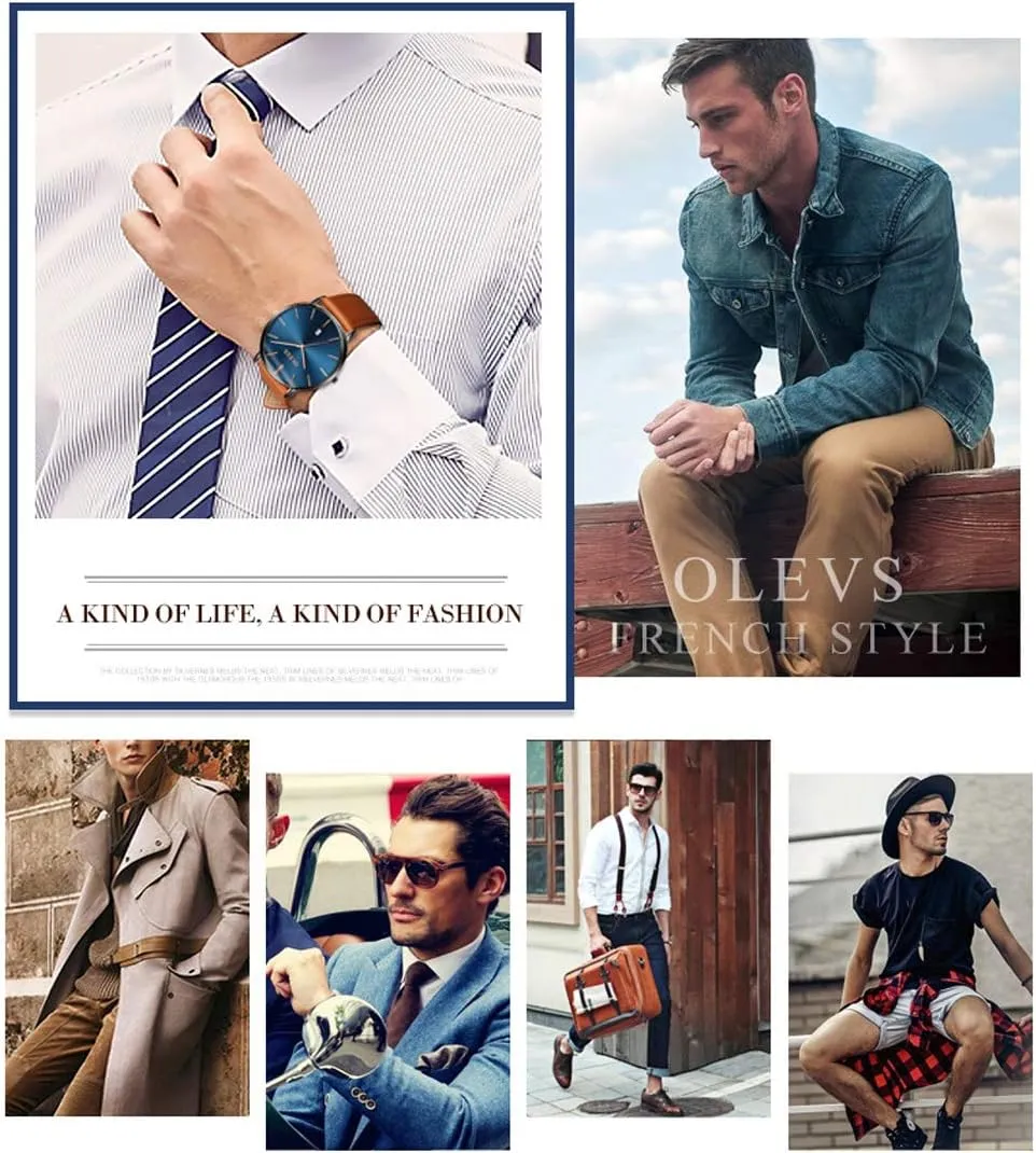 with Retro Leather Band for Men OLEVS Mens Watches waste conqueror offer rear Minimalist Ultra Thin Fashion Casual Analog Quartz Date Watch Waterproof Slim Simple Big Face Dress Wrist Watch 