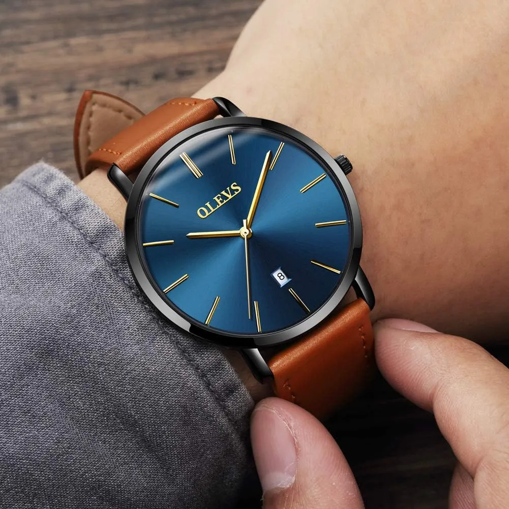 with Retro Leather Band for Men OLEVS Mens Watches waste conqueror offer rear Minimalist Ultra Thin Fashion Casual Analog Quartz Date Watch Waterproof Slim Simple Big Face Dress Wrist Watch 
