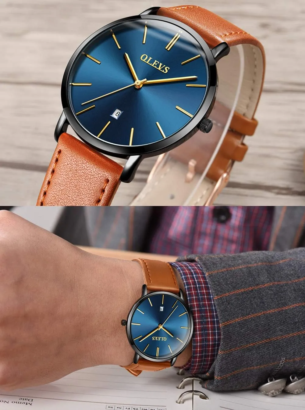 with Retro Leather Band for Men OLEVS Mens Watches waste conqueror offer rear Minimalist Ultra Thin Fashion Casual Analog Quartz Date Watch Waterproof Slim Simple Big Face Dress Wrist Watch 