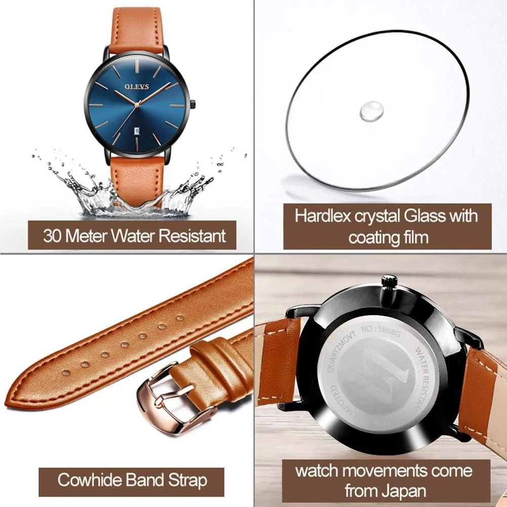 with Retro Leather Band for Men OLEVS Mens Watches waste conqueror offer rear Minimalist Ultra Thin Fashion Casual Analog Quartz Date Watch Waterproof Slim Simple Big Face Dress Wrist Watch 