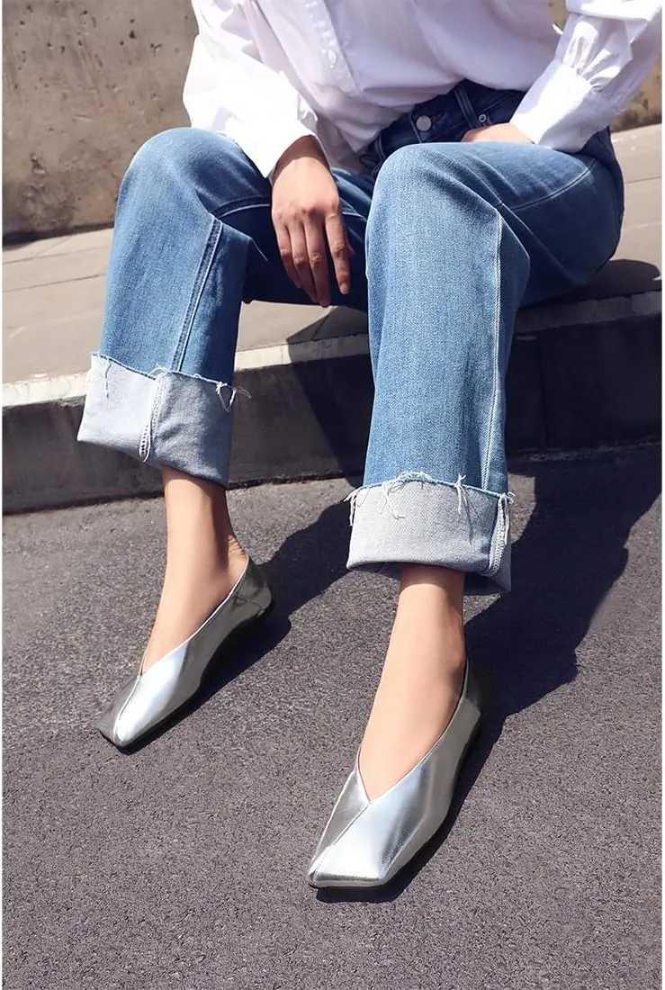 Women Nude Dress Shoes. Patent Leather Ballet delineate balance Flats for Women Fashionable Square Toe Ballet Flats Loafer Shoes for 