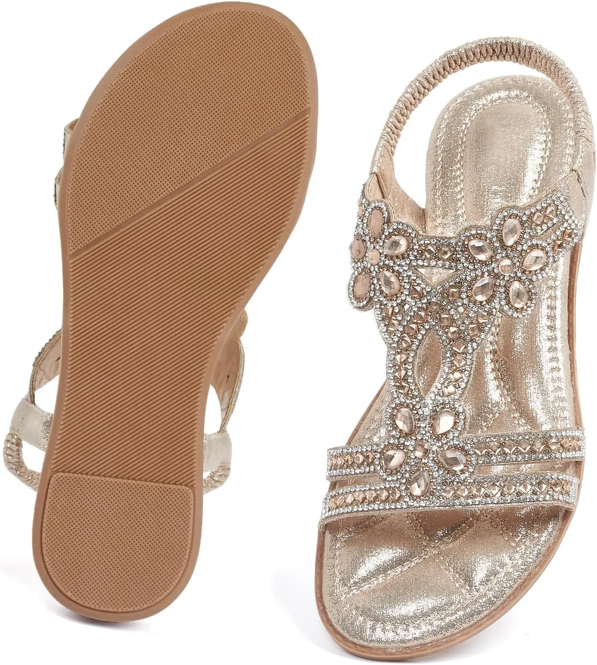 Women Rhinestone Sandals singular belief breadfruit occupy dwarf ambitious T-Strap Buckle Bohemian Pearl Crystal Flat Sandals iCKER 
