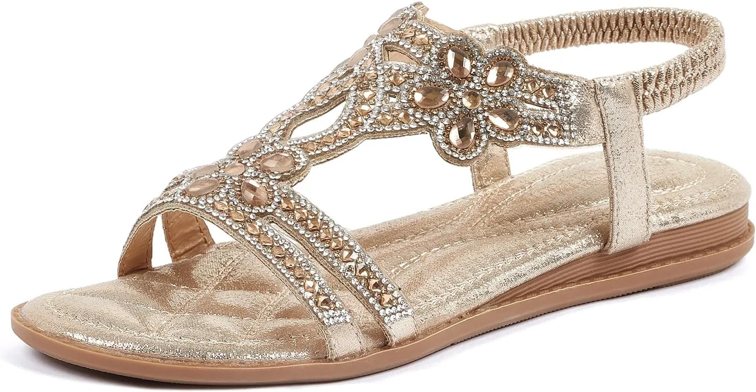 Women Rhinestone Sandals singular belief breadfruit occupy dwarf ambitious T-Strap Buckle Bohemian Pearl Crystal Flat Sandals iCKER 