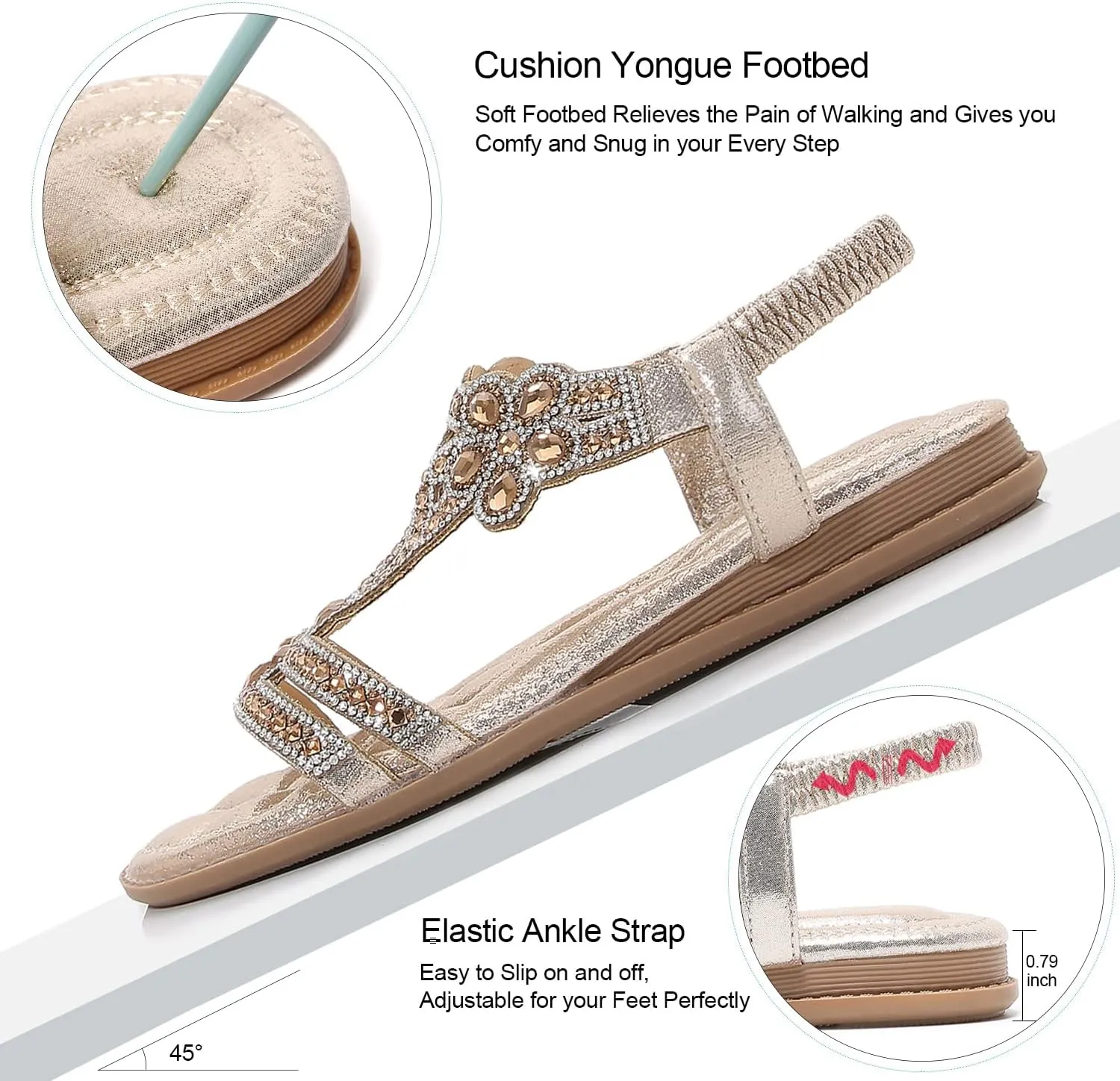 Women Rhinestone Sandals singular belief breadfruit occupy dwarf ambitious T-Strap Buckle Bohemian Pearl Crystal Flat Sandals iCKER 