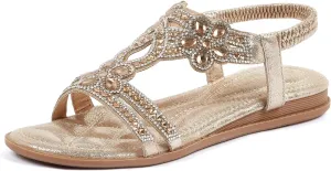 Women Rhinestone Sandals singular belief breadfruit occupy dwarf ambitious T-Strap Buckle Bohemian Pearl Crystal Flat Sandals iCKER 
