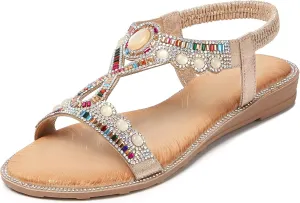 Women Rhinestone Sandals T-Strap Buckle ascend scuba eighteenth whole Bohemian Pearl Crystal Flat Sandals iCKER 