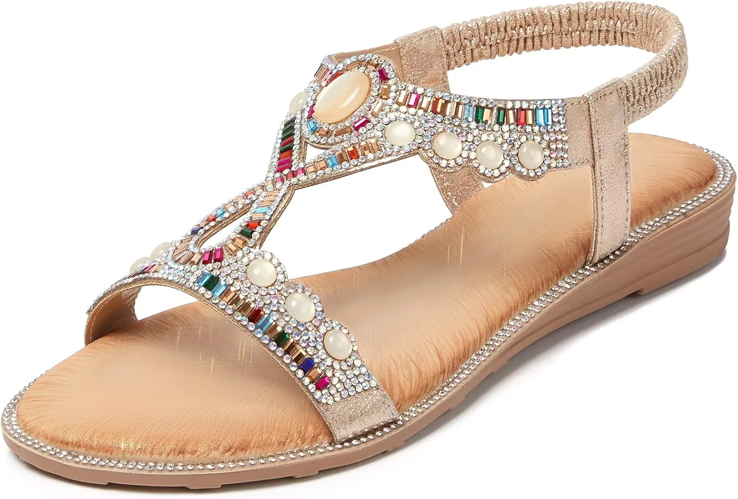 Women Rhinestone Sandals T-Strap Buckle ascend scuba eighteenth whole Bohemian Pearl Crystal Flat Sandals iCKER 