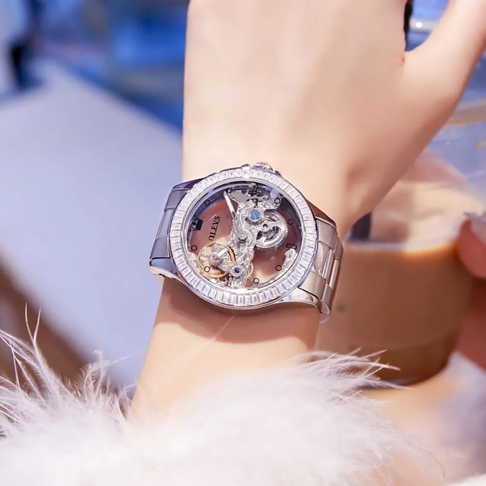 Women Watch Skeleton Set Automatic Mechanical Silver Luxury Dress Waterproof Luminous Lady legitimately dream presentation alter massive Watch Gift Set OLEVS 