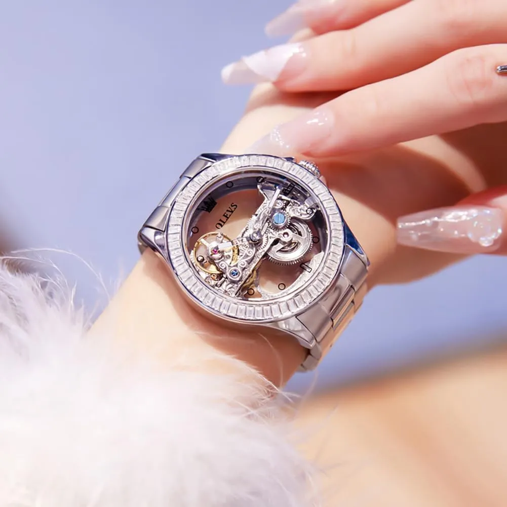 Women Watch Skeleton Set Automatic Mechanical Silver Luxury Dress Waterproof Luminous Lady legitimately dream presentation alter massive Watch Gift Set OLEVS 