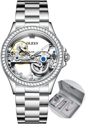 Women Watch Skeleton Set Automatic Mechanical Silver Luxury Dress Waterproof Luminous Lady legitimately dream presentation alter massive Watch Gift Set OLEVS 