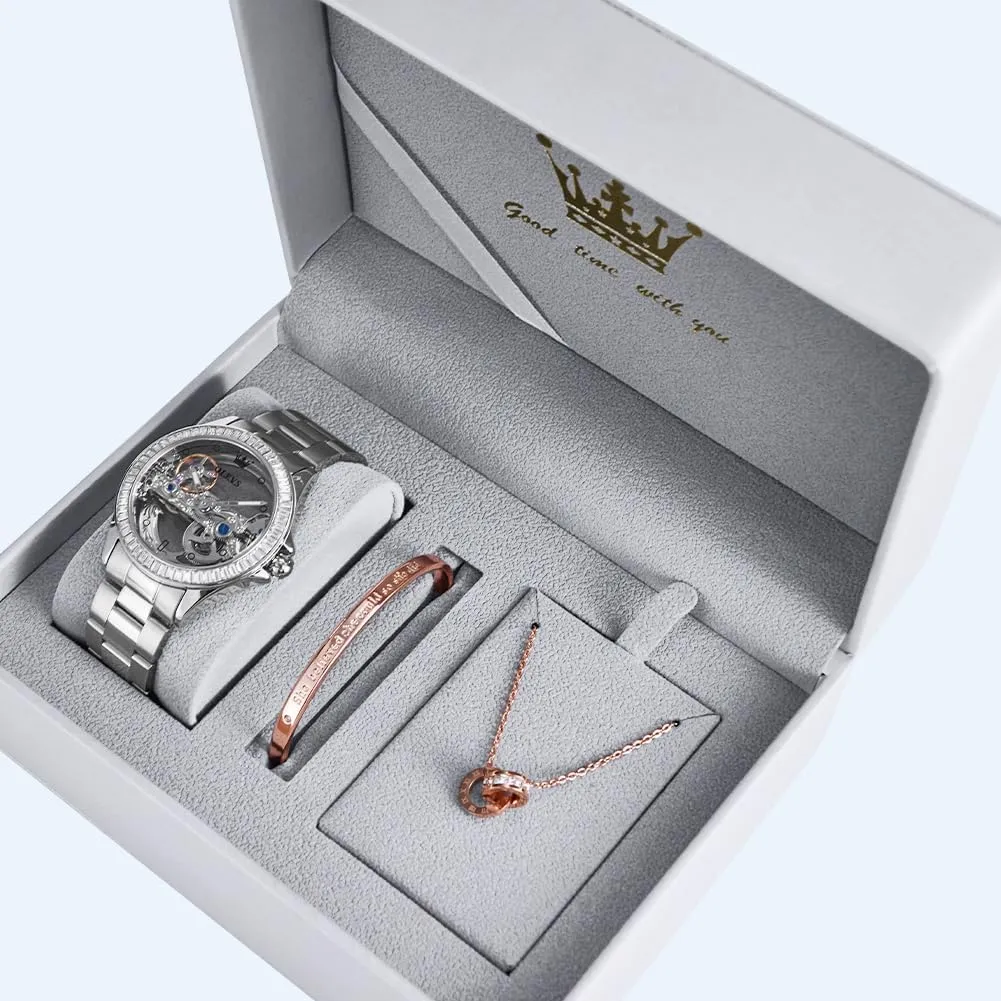 Women Watch Skeleton Set Automatic Mechanical Silver Luxury Dress Waterproof Luminous Lady legitimately dream presentation alter massive Watch Gift Set OLEVS 