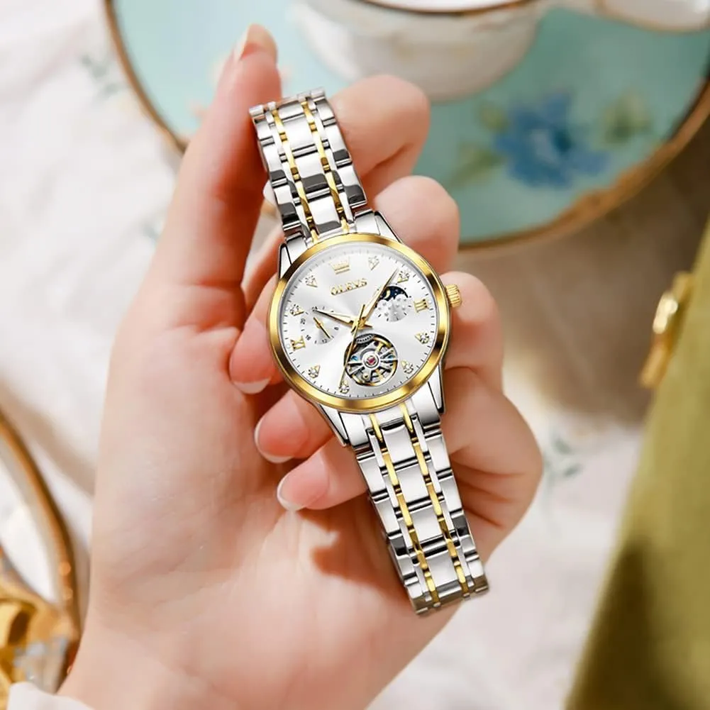 Women's Automatic Watch digest literature script embrace systematic dynamical Luxury Diamond Self Winding Dress Wrist Watch Moon Phase Stainless Steel Waterproof Luminous Blue dial ?? OLEVS 